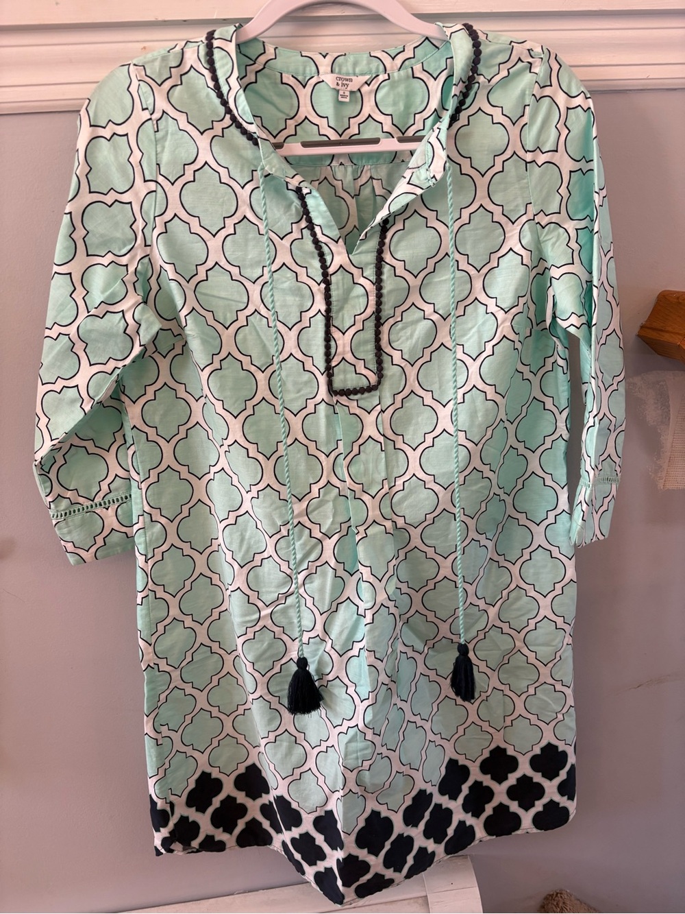 Crown & Ivy Mint and Black Geometric Tassel Dress or Beach Cover Up